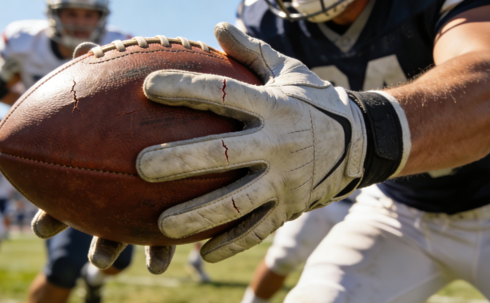 Close-up of football player's hands in football gloves holding a ball.